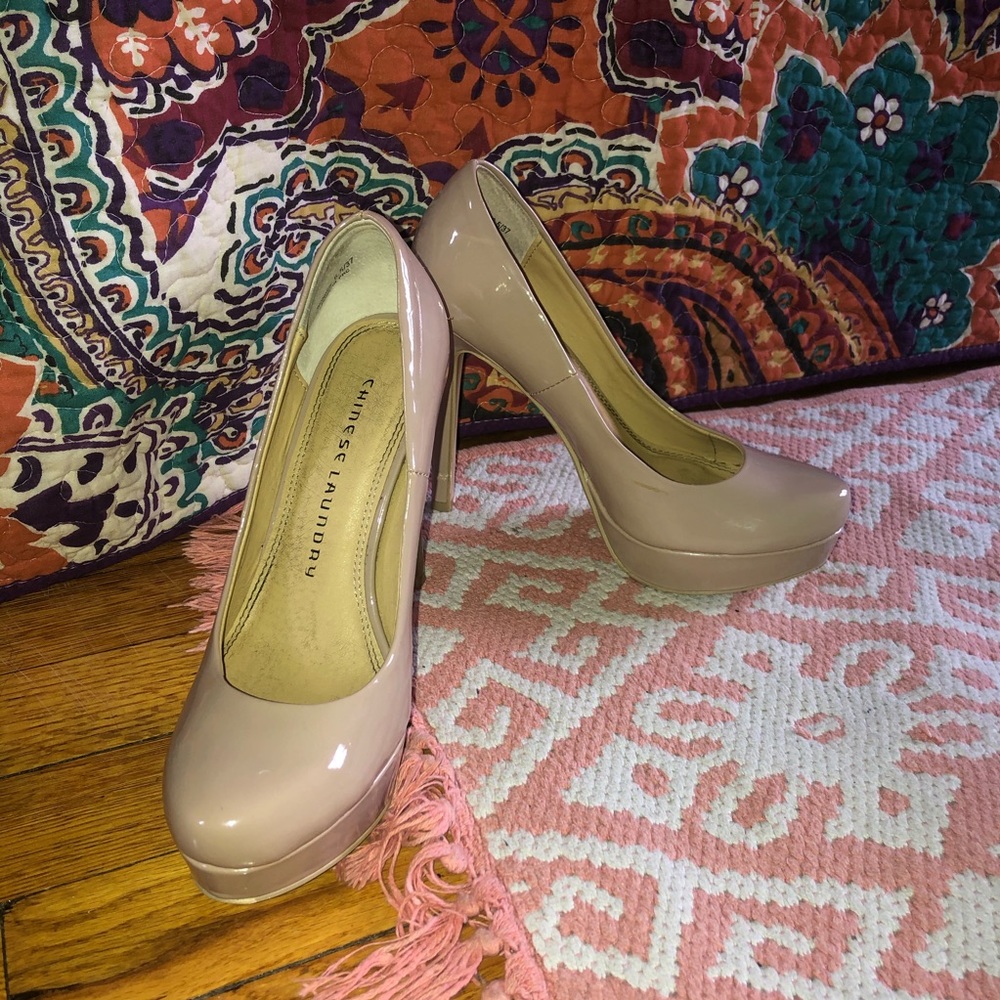 Nude patent 4 and 3/4” platform stiletto heels